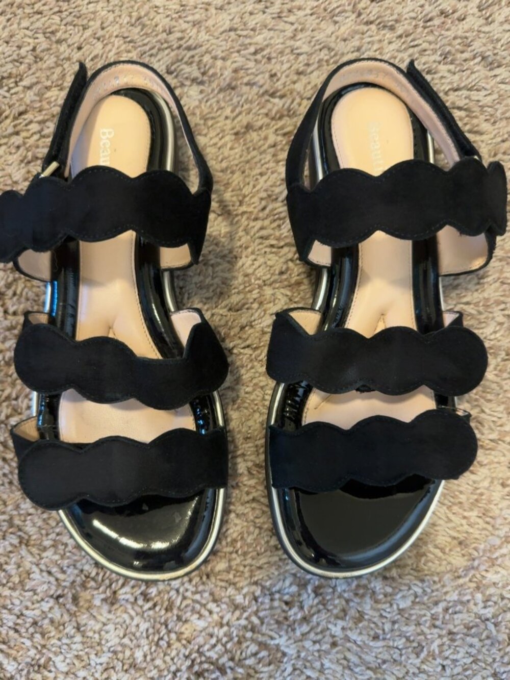 BeautiFeel Black Suede Scalloped Slingback Sandals Size 37 (US 6.5-7)